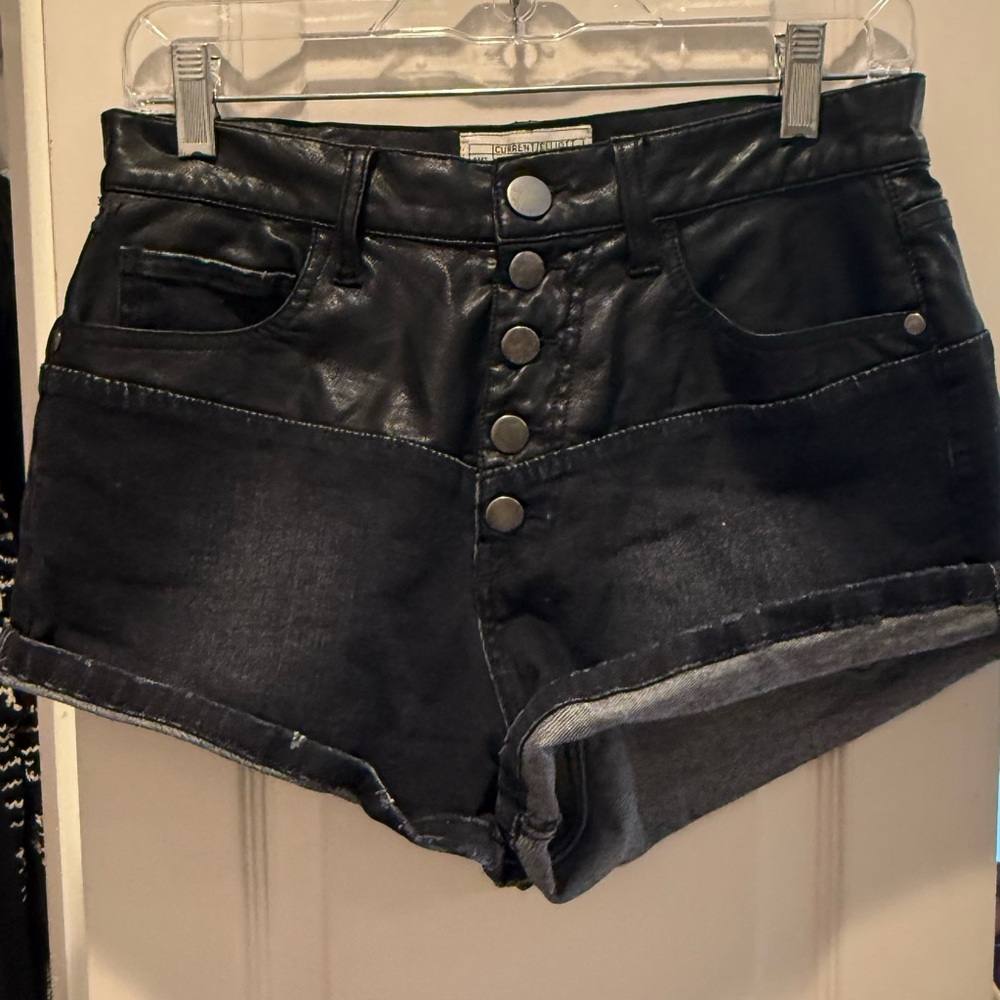 Current/Elliott Black High-Waisted jean & leather Shorts
